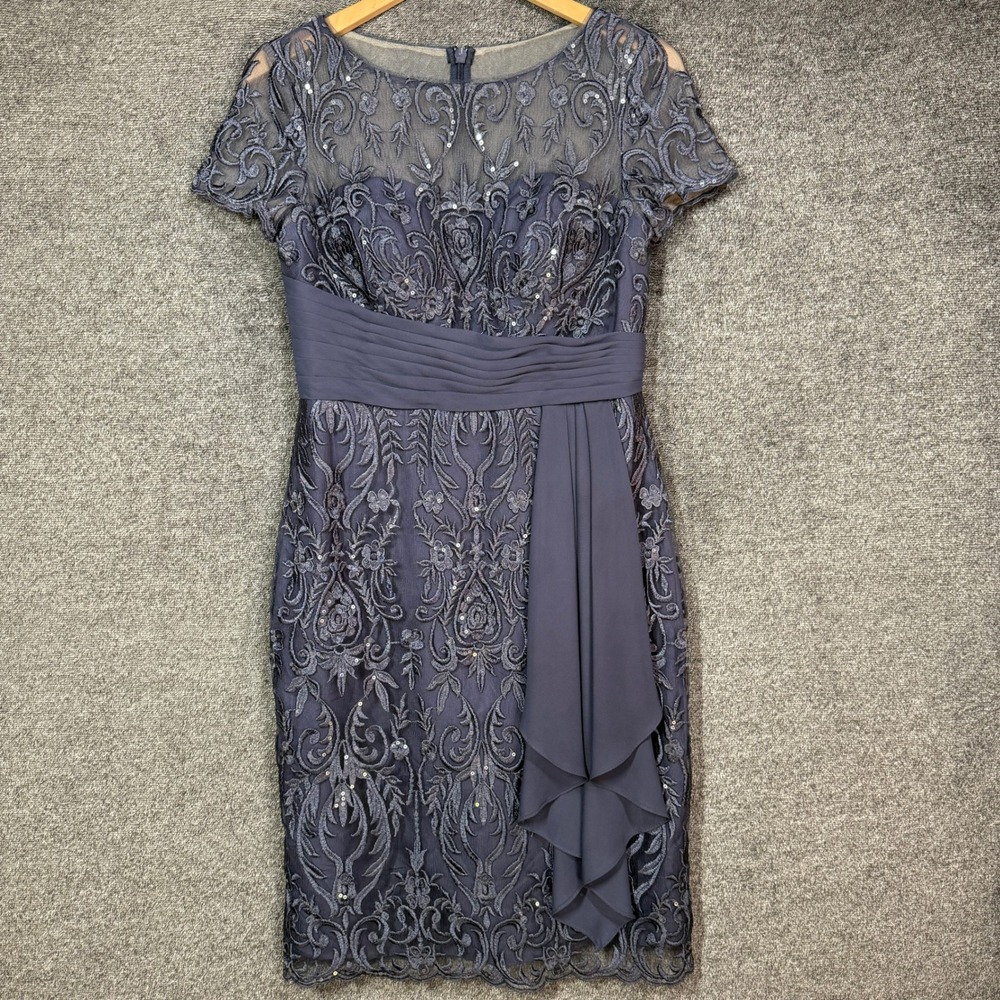 JJ's House Dress Sequin Embroidered Lace Sheath Dress Slate Blue Illusion Neck 6